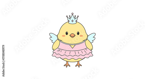 Cute cartoon chick wearing a pink princess dress and a crown