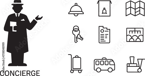 Concierge Silhouette with Hotel Service Icons on Transparent Background Illustration