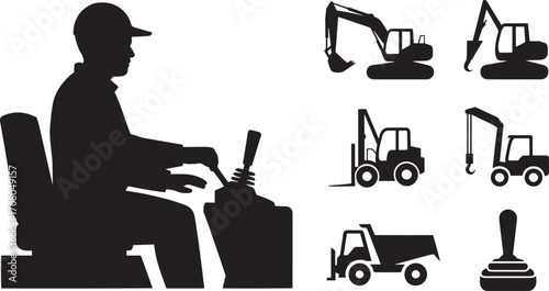 Construction Worker Silhouette Operating Heavy Machinery Equipment Vector Illustration