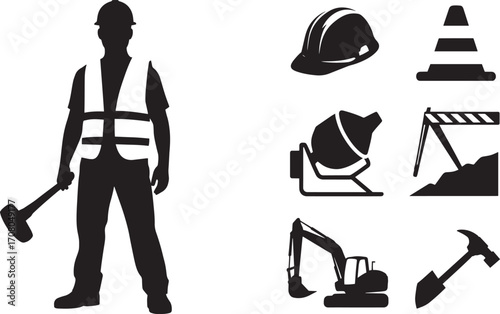 Construction Worker Silhouette with Building Icons on Transparent Backdrop Design