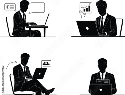 Vector illustration of businessman with laptop working on communication, data analysis, multitasking, collaboration, focused work, professional office, business concept