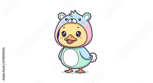Cute cartoon duckling wearing a bear costume