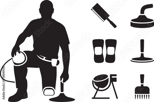 Curling Player Silhouette with Curling Equipment Icons Set on Transparent Vector Art