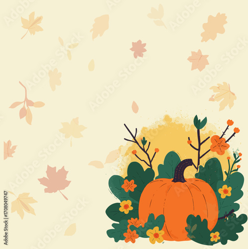 Vector design of A whimsical flat design illustration of a garden scene featuring a prominent pumpkin as the central element, surrounded by lush green leaves and vibrant orange and yellow flowers
