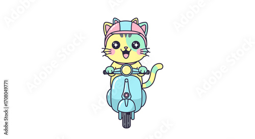 Cute cartoon cat wearing a helmet riding a scooter