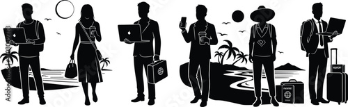 Vector illustration of digital nomad lifestyle with laptops, smartphones, luggage, coffee, palm trees, travel, remote work, freedom, professional leisure concept