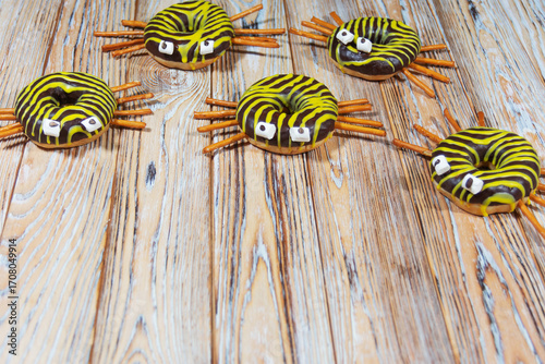Spider-themed donuts decorated for Halloween party