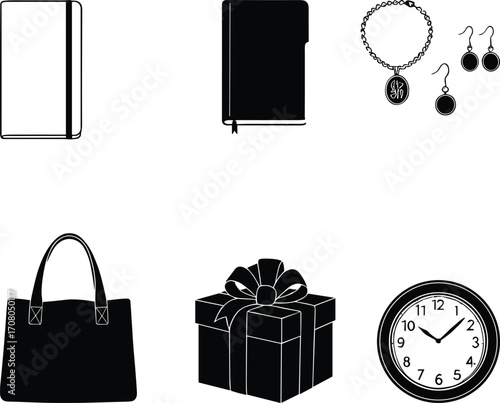 Vector illustration of everyday objects including notebook, planner, jewelry, handbag, gift box, wall clock, lifestyle accessories, fashion, time, creativity concept