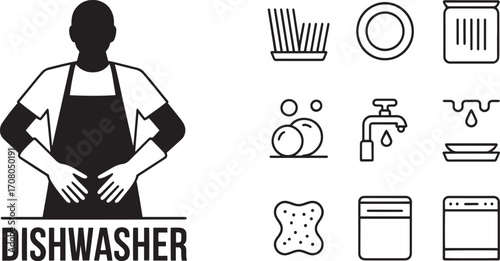 Dishwasher Icon Set Vector Illustration with Cleaning and Kitchen Appliance Elements