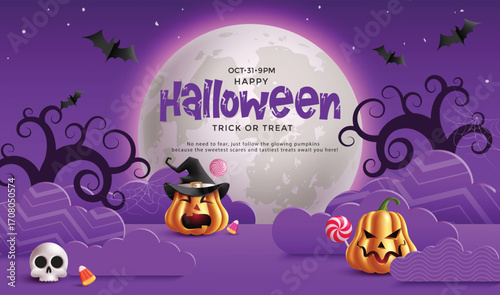 Cute and spooky Halloween illustration with pumpkins, bats, skull, witch hat, and candy. Ideal for greeting cards, festive banners, invitations, holiday flyers, and trick or treat party décor.
