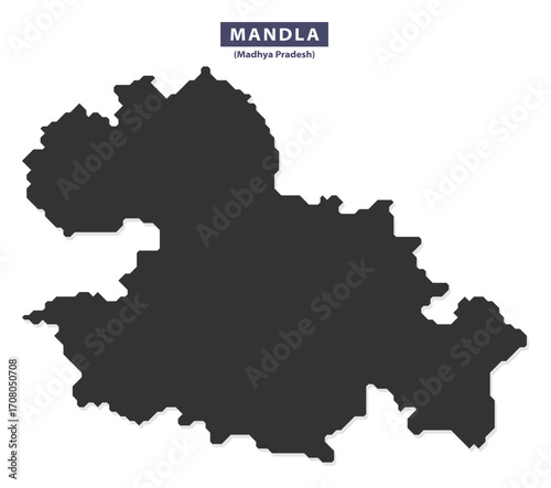 Mandla district map silhouette vector for educational posters, travel guides, and geographic infographics, solid black outline on white background