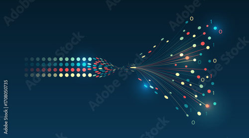 Abstract illustration of big data and information flow with colorful dots and binary code on a dark background, symbolizing analytics, data transfer, and digital technology.