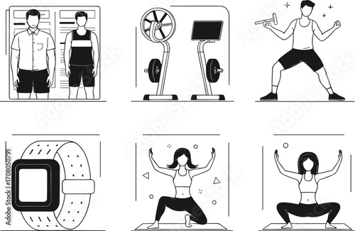 Vector illustration of fitness routine with cardio bikes, strength training, yoga, smartwatch tracking, body assessment, squats, healthy lifestyle, exercise concept