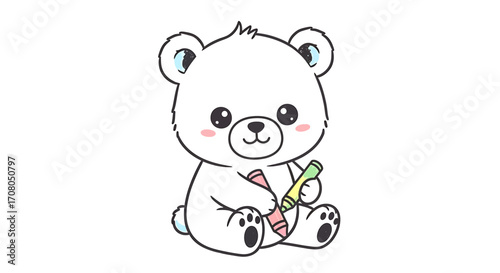 Cute cartoon polar bear cub sitting and holding a crayon, , adorable illustration for childrens books and educational materials