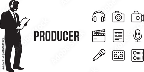 Film Producer Silhouette with Production Equipment Icons on Transparent Background Vector