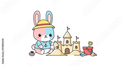 Cute cartoon bunny wearing a hat and building a sandcastle on the beach