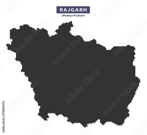 Rajgarh district map silhouette vector for educational posters, tourism brochures, and geographic infographics, bold black outline on white background