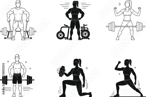 Vector illustration of men and women weightlifting, strength training, gym workout, fitness poses, bodybuilding, exercise routines, healthy lifestyle, sports concept