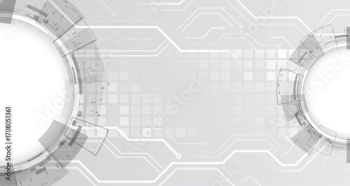 Abstract high-tech background with futuristic circular elements, grid pattern, and digital circuit lines in gray tones. Ideal for technology, innovation, and modern business design.