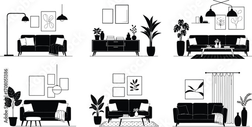 Vector illustration of modern living room interiors with sofas, plants, lamps, wall art, rugs, furniture arrangement, home decoration, interior design