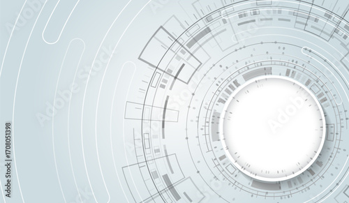 High-tech background with abstract circular digital elements and geometric shapes in gray tones. Perfect for technology, innovation, and modern business design projects.