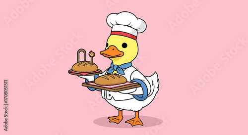Cute cartoon duck chef wearing a chef hat and apron, holding a tray with freshly baked bread and pastries on a pink background