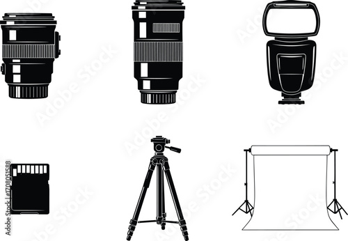 Vector illustration of photography equipment with camera lenses, flash, memory card, tripod, backdrop stand, professional tools, studio gear, creative concept