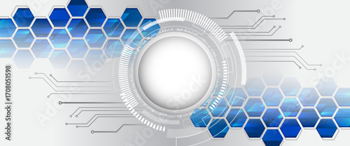 High-tech abstract background with blue hexagons, digital lines, and a futuristic circular interface on a light gradient backdrop, symbolizing innovation and modern technology.