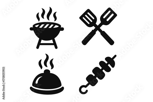 Barbecue icon set for logo design. BBQ grill party elements. Vector silhouette collection with grill, kebab skewer, spatula, and serving cloche. Cooking and food concept.