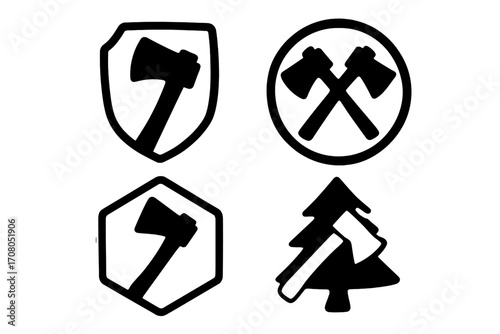 Axe icon set vector. Lumberjack badge collection. Woodcutter logo silhouette. Forestry and camping symbols. Crossed axes, shield, hexagon, and tree design elements.