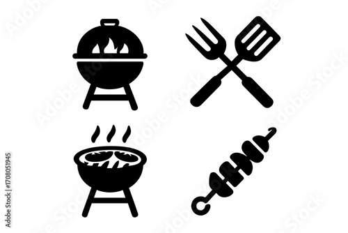 Set of black barbecue icons. BBQ grill silhouette, shish kebab on skewer, crossed spatula and fork tools. Vector graphic for grilling, cookout, picnic, steakhouse menu.