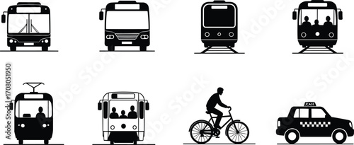 Vector illustration of transportation icons with city bus, coach, subway train, tram, trolleybus, bicycle, taxi, urban commute, public travel concept
