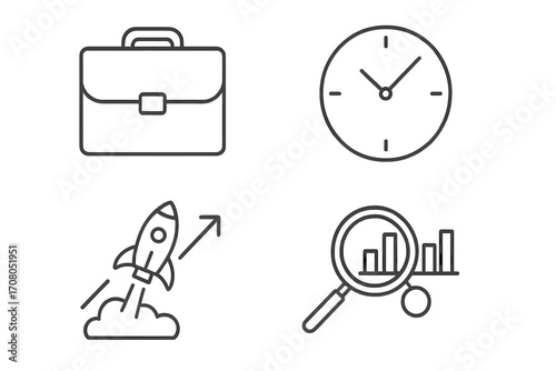 Business startup and management thin line icon set. Concepts of growth, time management, data analysis, and project launch. Includes briefcase, clock, rocket, and chart icons. Editable stroke vector.