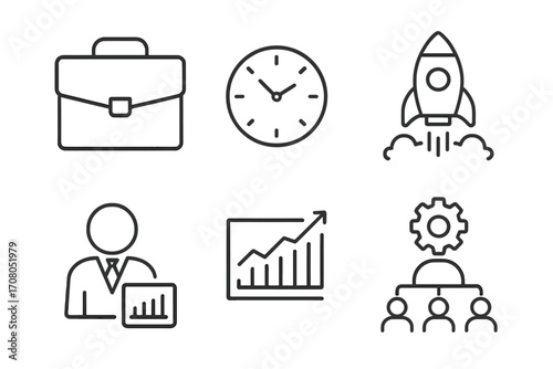 Business line icon set. Startup rocket, time management clock, career briefcase, data analytics graph, team management hierarchy. Vector icons with editable stroke for web.