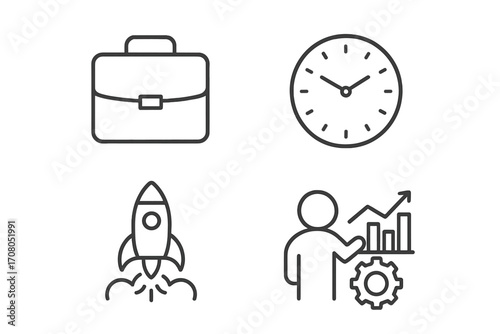Business management and startup vector icon set. Project analysis, time management, career growth. Briefcase, clock, rocket launch, data chart. Thin line pictograms.