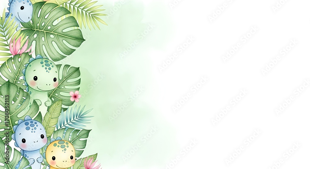 Fototapeta premium Cute dinosaurs in lush tropical jungle foliage, watercolor illustration for children's party or nursery decor
