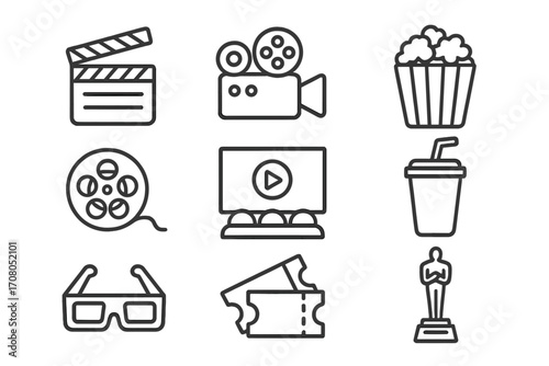 Cinema icons set. Movie entertainment and film production symbols. Vector line art illustration of clapperboard, camera, popcorn, film reel, 3D glasses, tickets, and award.