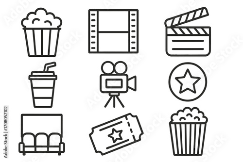 Cinema movie thin line icon set. Vector linear collection of film industry symbols. Entertainment pictograms including popcorn, camera, clapperboard, filmstrip and ticket.