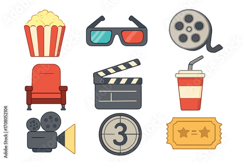 Cinema movie icons set. Flat cartoon vector illustration collection for film industry and entertainment. Includes popcorn, 3D glasses, clapperboard, ticket, camera, and reel.
