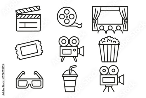 Cinema movie line icon set. Film industry and entertainment symbols. Vector collection including clapperboard, camera, ticket, popcorn, 3D glasses, film reel, and screen.