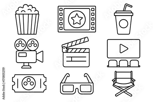 Cinema movie line icon set. Film industry entertainment symbols. Vector graphic collection with popcorn, clapperboard, film strip, ticket, 3D glasses, director chair.