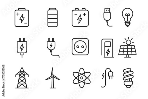 Energy and electricity line icon set. Renewable power, charging station, battery, solar panel, wind turbine, light bulb, and powerline symbols. Editable stroke vector.