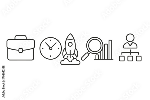 Business and startup line icon collection with editable stroke. Vector symbols for project management, data analysis, time, growth, corporate structure. Simple outline pictograms.