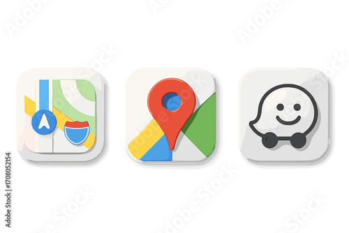Apple Maps, Google Maps, Waze popular GPS navigation app icons. Neumorphism style 3D vector set. Location pin, map, route, and direction symbols. Software logo collection.