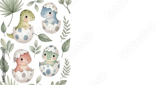 Fototapeta Naklejka Na Ścianę i Meble -  Adorable Baby Dinosaurs in Eggs Watercolor Illustration