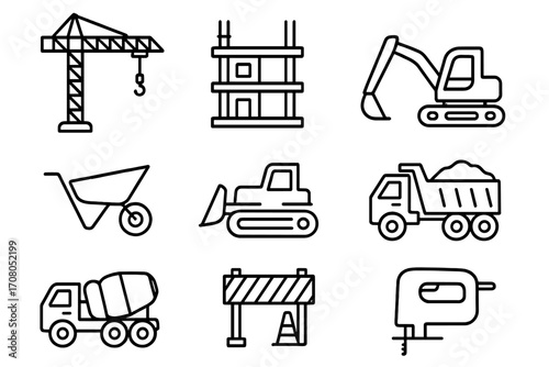 Construction line icon set. Building industry symbols. Heavy machinery pictogram collection. Vector crane, excavator, bulldozer, truck. Editable stroke for web, app design.
