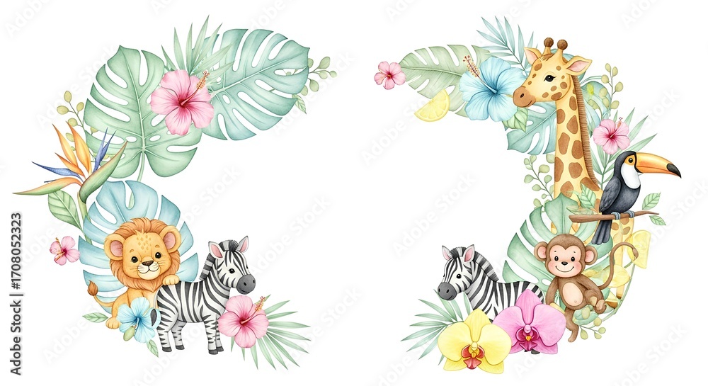 Obraz premium Watercolor Jungle Animals Wreaths with Tropical Flowers and Palm Leaves