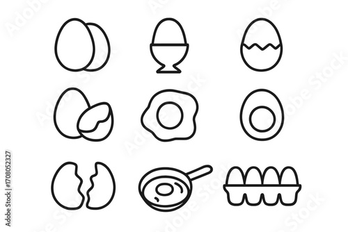 Egg line icon set collection. Food symbol for breakfast cooking. Outline simple graphic design element. Fried, boiled, cracked egg. Eggshell, pan, carton vector pictogram.