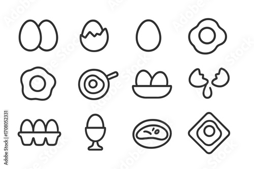 Egg icon set collection. Food, breakfast, cooking concept. Fried egg, boiled egg, shell, yolk, omelette. Linear pictogram bundle for web, apps. Vector outline symbols.
