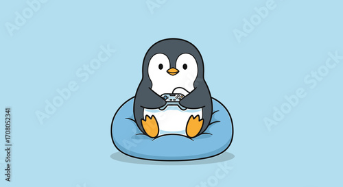 Cute cartoon penguin sitting on a blue cushion and playing video games with a controller, isolated on a light blue background, representing a fun and engaging hobby